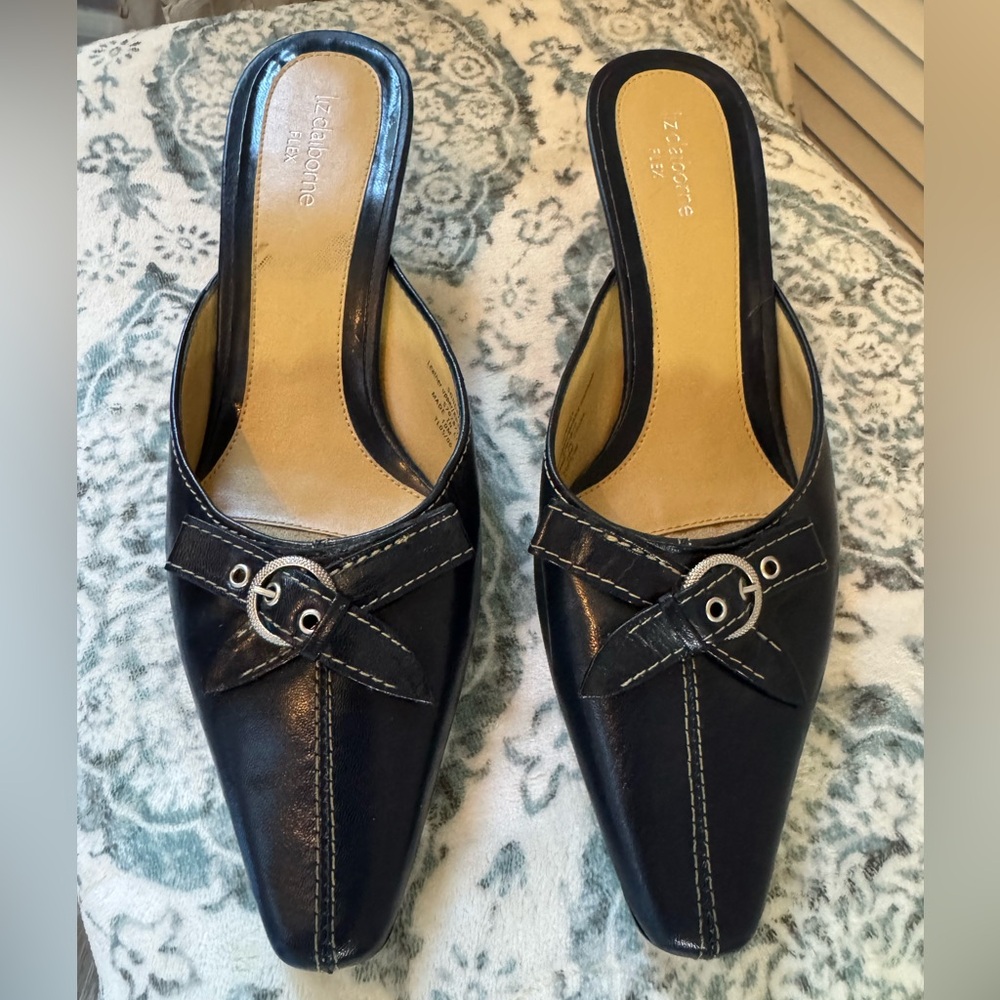 Classic Vintage Liz Claiborne Navy Blue Leather Mules with Buckle, Leather